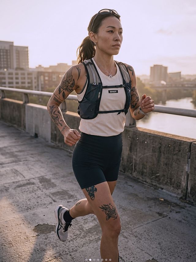 A female runner mid-stride on a bridge at sunrise, wearing a hydration vest.