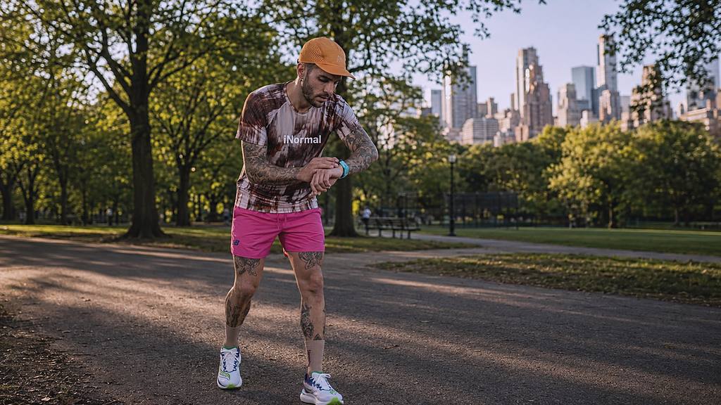A runner checks his watch on a golden-hour park path in New York, the city skyline behind him.