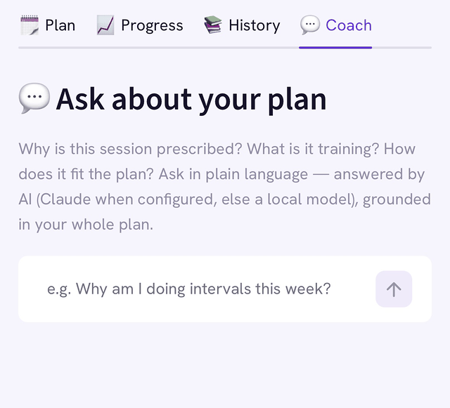 TERUN's Coach tab: 'Ask about your plan', with an example question 'Why am I doing intervals this week?'
