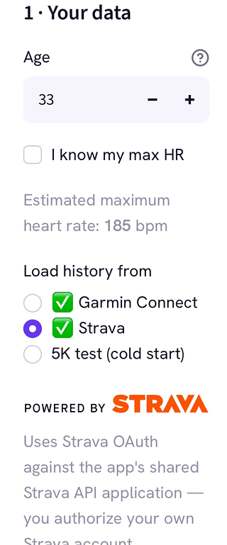 TERUN's data step: age 33, and load history from Garmin Connect, Strava or a 5K cold start, with the Powered by Strava mark.