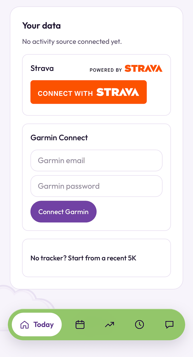 TERUN's Your data card: the official Connect with Strava button with the Powered by Strava mark, a Garmin Connect login, and a start from a recent 5K for runners without a tracker.