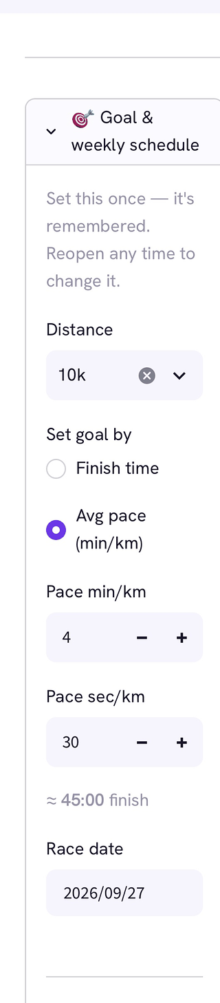 TERUN's goal step: distance 10k, goal by average pace 4:30/km, about 45:00 finish, race date 27 September 2026.