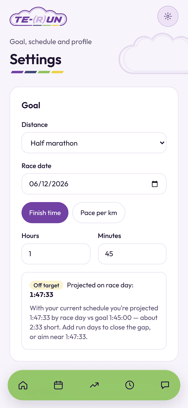 TERUN's goal settings: a half marathon on 6 December with a 1:45:00 goal, and a live projection of 1:47:33 on race day.