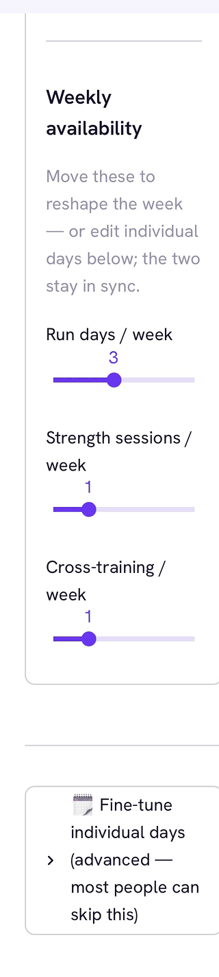 TERUN's weekly availability sliders: 3 run days, 1 strength session and 1 cross-training session per week.