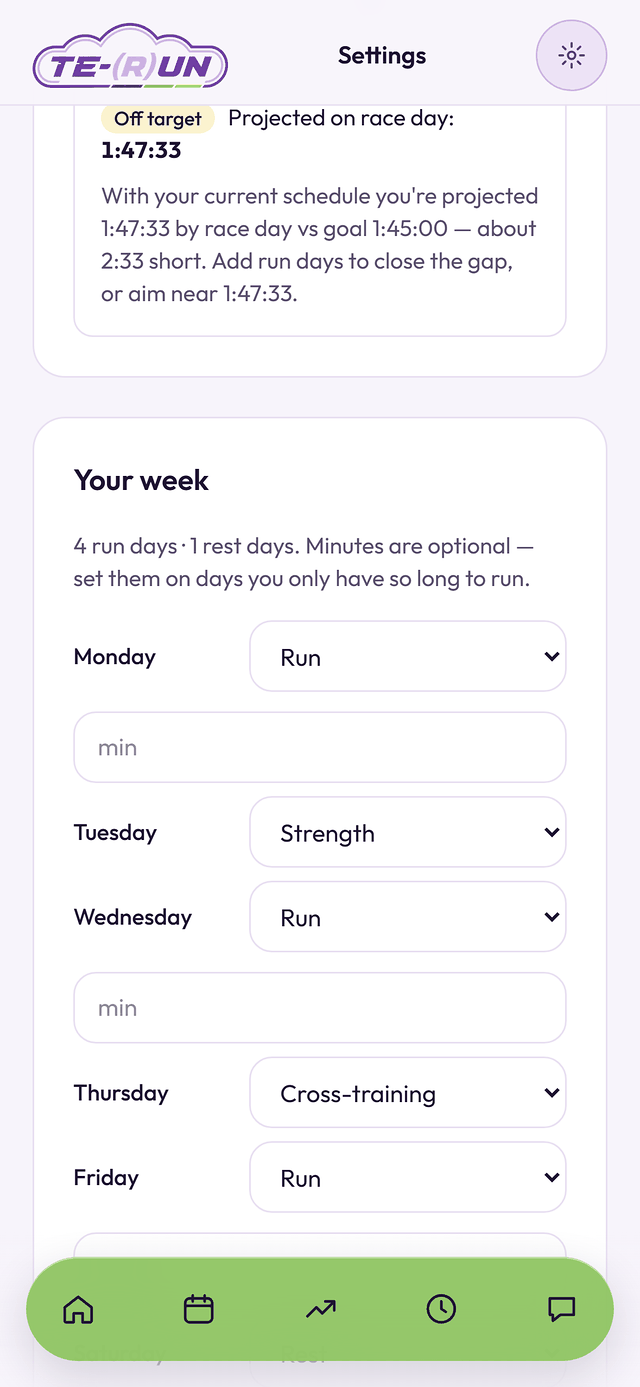 TERUN's weekly schedule: runs on Monday, Wednesday and Friday, strength on Tuesday and cross-training on Thursday, with optional minutes per run day.