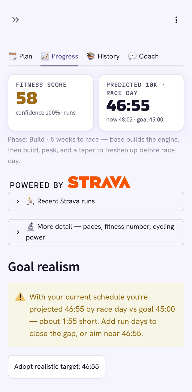 TERUN's Progress screen: fitness score 58, predicted 10K race-day time 46:55 versus a 45:00 goal, and an amber goal-realism callout with an Adopt realistic target button.