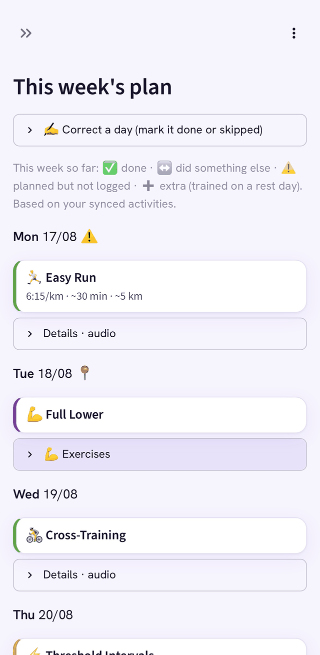 TERUN's week plan: an Easy Run at 6:15/km on Monday, a Full Lower strength session on Tuesday, and Cross-Training on Wednesday.